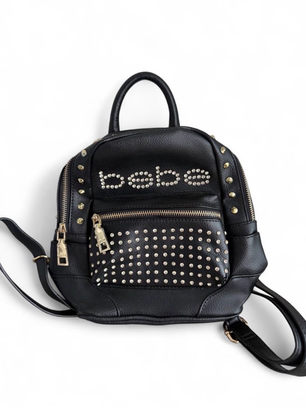 bebe Black Studded Mini Backpack with Gold Accents